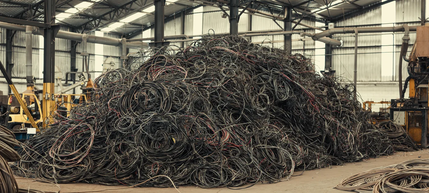 Grande volume de cabos elétricos para reciclagem no galpão da Koprum
